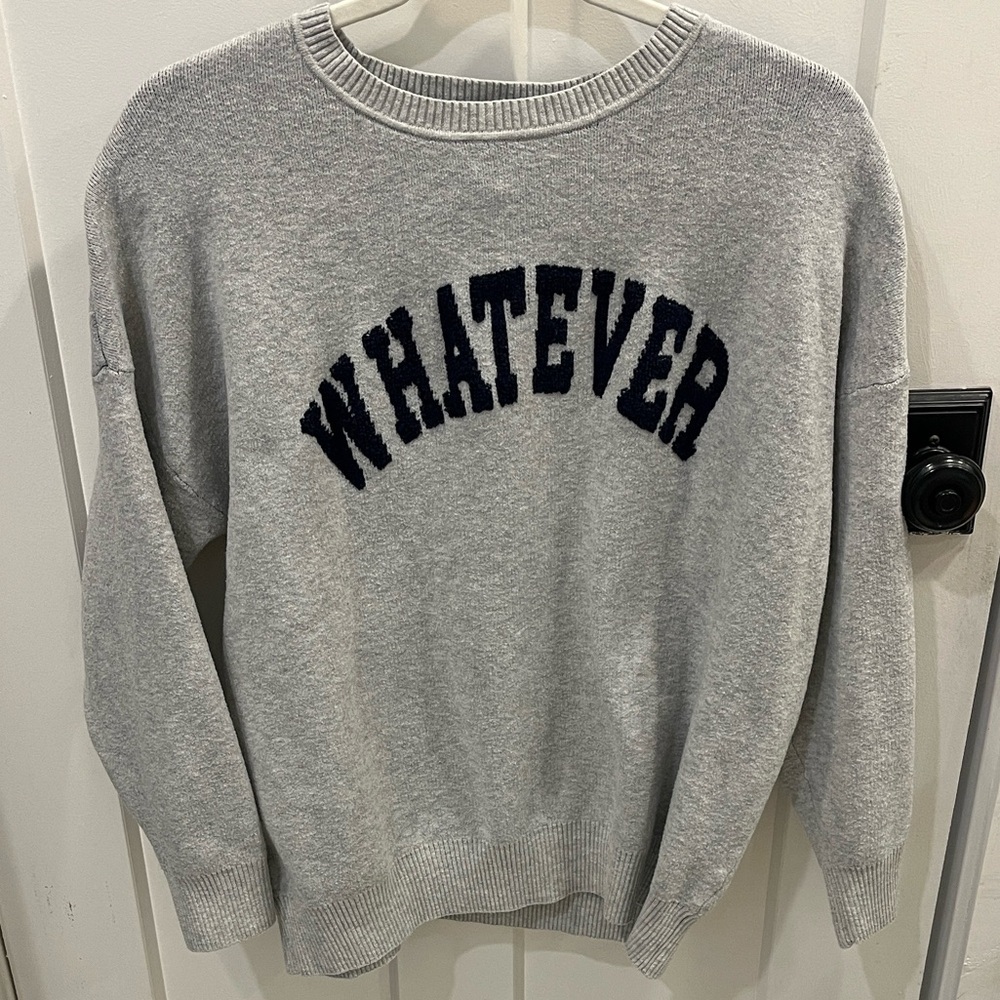 Pink Rose Gray Crewneck Sweater with 'Whatever' Print